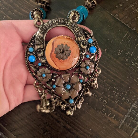 Beaded Boho Tribal Dangle Pendant Necklace Blue Wood Bells Statement Festival - Picture 5 of 6